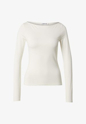 Witte lange mouwen top gemaakt van gladde, rekbare stof met een off-the-shoulder halslijn en een aansluitende silhoeet. Eenvoudig ontwerp.