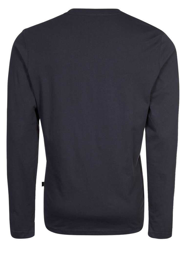 Granatowa koszula z długim rękawem pokazana z tyłu, z prostym okrągłym dekoltem i bez widocznych wzorów czy logo.