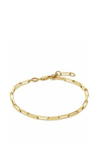 Goldener Armband aus Gliedern mit verlängerten und rechteckigen Formen, polierte Oberfläche, mit einem Karabinerverschluss und verstellbarer Länge.