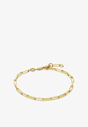 Goldener Armband aus Gliedern mit verlängerten und rechteckigen Formen, polierte Oberfläche, mit einem Karabinerverschluss und verstellbarer Länge.