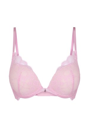 Lichtroze kanten beha met bloemenpatronen, verstelbare bandjes, beugelondersteuning en een klein centraal strikje als detail.