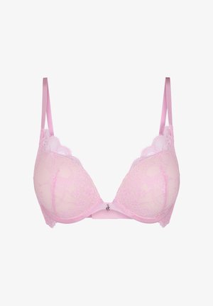 Lichtroze kanten beha met bloemenpatronen, verstelbare bandjes, beugelondersteuning en een klein centraal strikje als detail.