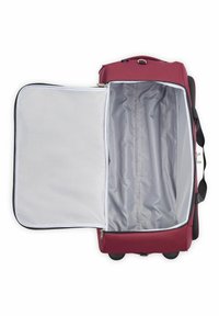 Borsa marrone con ruote e una grande apertura con zip. L'interno presenta una fodera grigia e ampio spazio di stoccaggio. Sono visibili maniglie rinforzate.