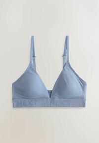 Svijetloplavi trokutasti bralette s podesivim trakama i širokom elastičnom trakom s utisnutim tekstom "NEXT". Mekana, rastezljiva tkanina.