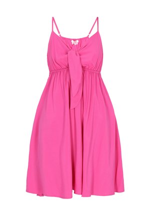 Rosa, ärmelloses Kleid mit einer Schleifenfront, gerafftem Oberteil und fließendem Rock. Hergestellt aus leichtem Stoff, der eine lässige Passform betont.