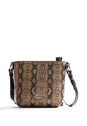 Piccola borsa a tracolla con motivo in pelle di serpente marrone e nero e tracolla regolabile in pelle nera, con marchio GIOSEPPO in lettere dorate.