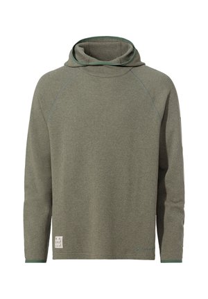 Grüne, Langarm-Hoodie mit strukturiertem Stoff, ausgestattet mit einem Trichterkragen, Raglan-Ärmeln und einem kleinen Recycling-Tag am Saum.