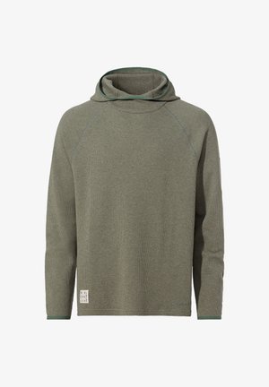 Grüne, Langarm-Hoodie mit strukturiertem Stoff, ausgestattet mit einem Trichterkragen, Raglan-Ärmeln und einem kleinen Recycling-Tag am Saum.