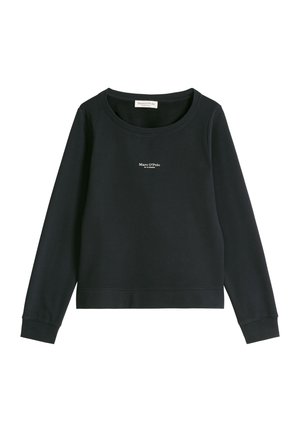 Schwarzes Sweatshirt mit langen Ärmeln und Rundhalsausschnitt, mit kleinem weißen "Marc O'Polo"-Logo mittig auf der Brust.