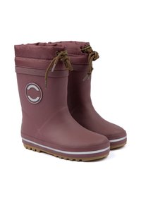 Mély bordó színű gumicsizma esőre. Fűzős felsőrésszel, texturált talppal és egy kör alakú logóval a boka közelében.