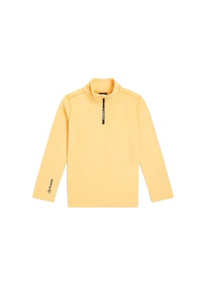 Gul kvartlynlås fleecepullover med lange ærmer, sort lynlåstrækker mærket "O'Neill" og "Polartec"-logo på venstre håndled.