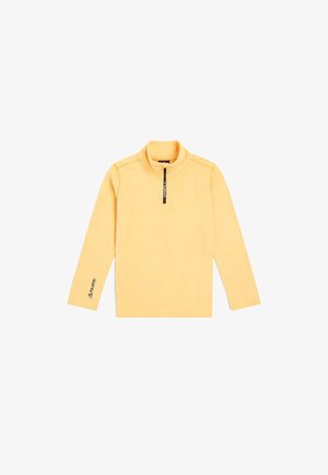 Polaire jaune à quart-de-fermeture avec manches longues, tirette de fermeture éclair noire marquée "O'Neill", et logo "Polartec" sur le poignet gauche.