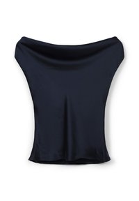 Top in satin blu navy con scollatura drappeggiata, maniche corte e vestibilità rilassata. Il tessuto ha una superficie liscia e lucida e un orlo dritto.