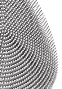 Curved grid of evenly spaced white cylindrical rods creating an abstract, three-dimensional wave pattern on a white background.