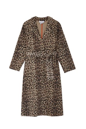 Leopard-print robe with a collar, long sleeves, and a tied waist belt; features a mix of brown, black, and tan colors with a soft texture.