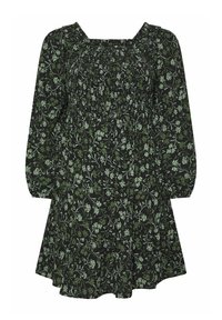 Musta mekko, jossa on vihreä kukkakuvio, pitkät puffihihat, neliönmuotoinen kaula-aukko ja poimittu yläosa. Lettokäyräinen A-linjainen siluetti, jossa on teksturoitu kangas.