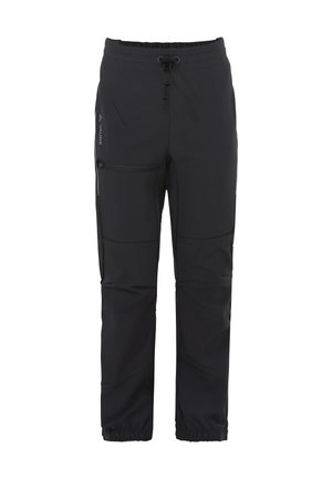 Zwarte outdoor broek met elastische taille en boorden, zijzak met rits en trekkoordsluiting in de taille.