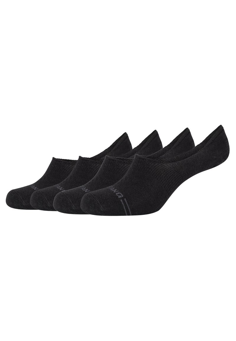Calzini neri alla caviglia, quattro paia, design senza cuciture con aperture elastiche, texture morbida e area rinforzata per le dita dei piedi. Logo del marchio discreto sul lato.
