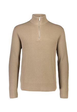 Beige geribbelde gebreide trui met een hoge kraag, voorzien van een halve rits en lange mouwen, gemaakt van een zachte stof voor comfort.