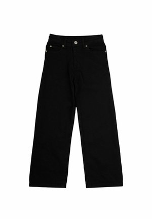 Fekete, bő szárú farmernadrág, magas derékkal, elülső zsebekkel és fémből készült részletekkel. Simább textúrájú, klasszikus szabású.