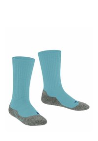 Turkusowe skarpetki kostkowe z ribbowanym wykończeniem, szarymi piętami i palcami oraz małym niebieskim logo po zewnętrznej stronie. Miękka tekstura i bezszwowy design.