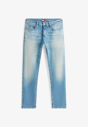 Hele sinine tuhmunud sirgete sääreosadega teksad, millel on viis taskut ja nupuga lukk ning väike Tommy Hilfigeri logo münditaskul.