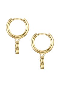 Zelta riņķa auskari ar gludu apdari, rotāti ar karājošu šarmu, kas rotāts ar mazām caurspīdīgām rhinestone. Apaļas formas un droša aizdare.