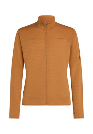 Lysebrun jakke med fuld lynlås, høj krave, lange ærmer og diskret sømdetalje på hvid baggrund.