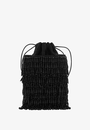 Black drawstring bag made of fabric, featuring textured surface with beaded embellishments and layered tassel design.