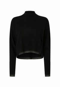 Crna skraćena dukserica s visokim ovratnikom, rebrastom teksturom i kontrastnim zelenim rubom. Ima duge rukave i bočne proreze na dnu.