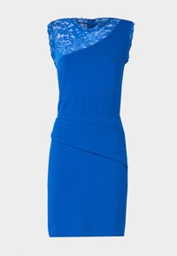 Vestido azul sem mangas com uma parte superior em renda, cintura ajustada, detalhes franzidos e um design de saia lápis. Textura de tecido suave.