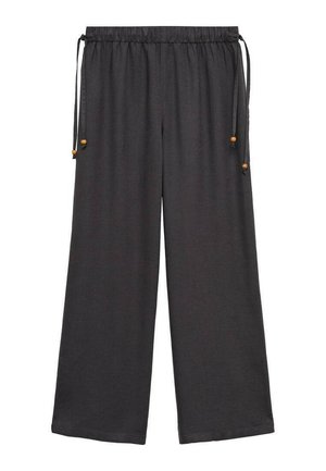 Donkergrijze wijde broek met een trekband in de taille, voorzien van houten kralen accenten en een zachte, lichtgewicht stoftextuur.
