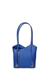 Sac fourre-tout en cuir bleu avec une surface texturée, doté de deux longues poignées, d'une poche zippée et d'accents en métal.