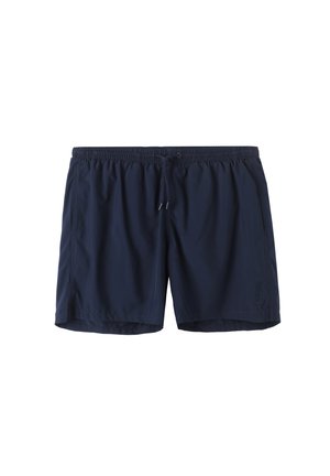 Granatowe kąpielówki wykonane z lekkiego materiału, z elastycznym pasem w talii ze sznurkiem oraz bocznymi kieszeniami. Prosty design, bez wzorów.