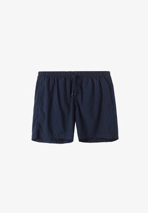 Granatowe kąpielówki wykonane z lekkiego materiału, z elastycznym pasem w talii ze sznurkiem oraz bocznymi kieszeniami. Prosty design, bez wzorów.