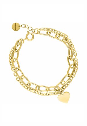 Goldfarbener Kettenarmband mit abwechselnd großen und kleinen Gliedern, einem herzförmigen Anhänger und einem Karabinerverschluss.