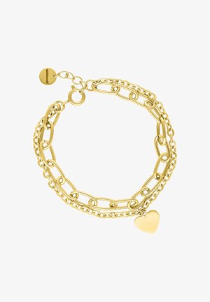 Goldfarbener Kettenarmband mit abwechselnd großen und kleinen Gliedern, einem herzförmigen Anhänger und einem Karabinerverschluss.