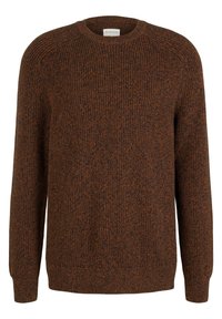 Maglione lavorato a maglia marrone con una finitura testurizzata, scollo rotondo e maniche lunghe. Il tessuto presenta una miscela di tonalità marroni scure e chiare.