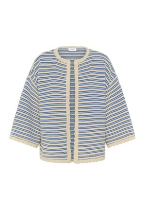 Krátky kardigán s modrými a bielymi vodorovnými pruhmi, krémovým lemom, okrúhlym výstrihom a otvoreným predkom.