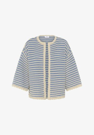 Krátky kardigán s modrými a bielymi vodorovnými pruhmi, krémovým lemom, okrúhlym výstrihom a otvoreným predkom.