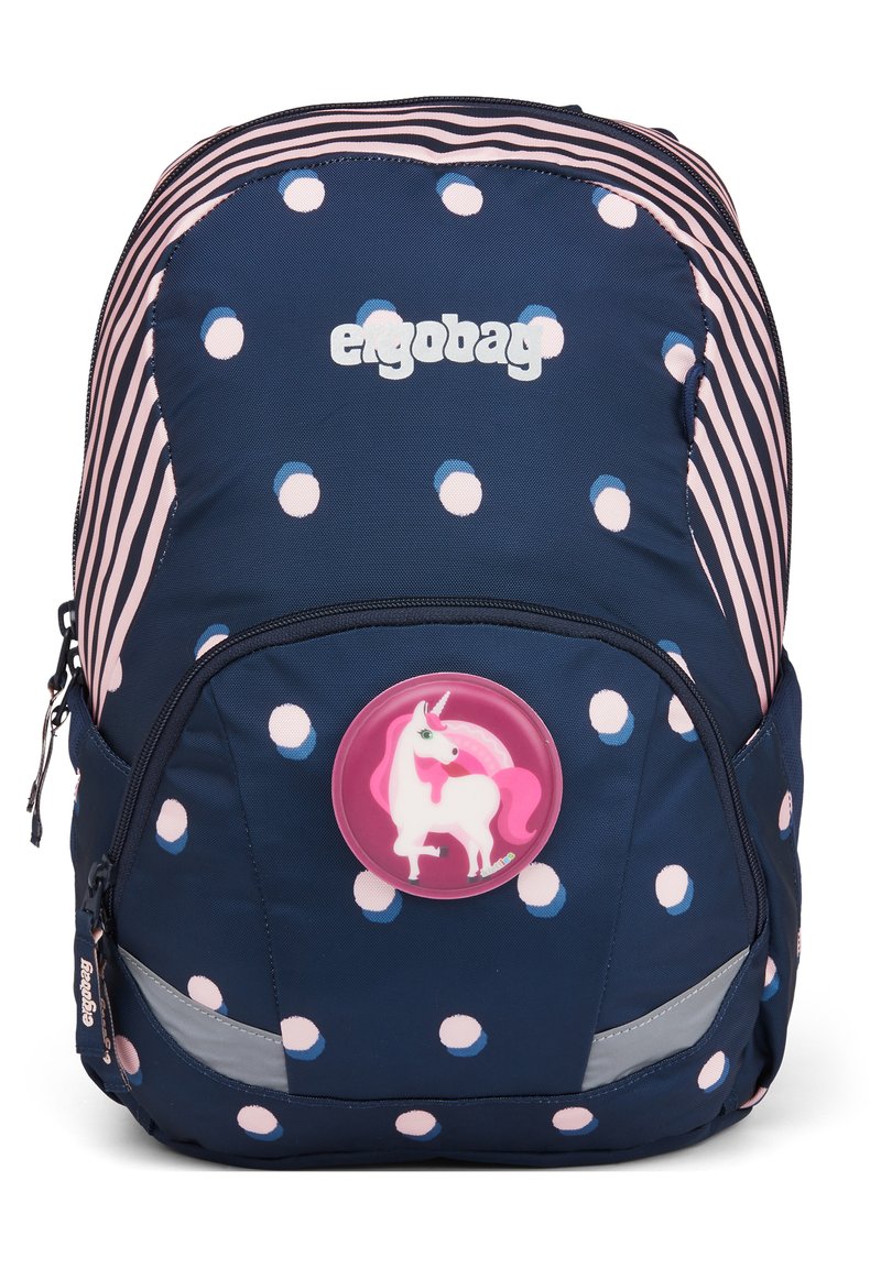 Dunkelblauer Rucksack mit pinken Streifen und Punkten, versehen mit einem Einhorn-Abzeichen, Reißverschlussfächern und reflektierenden Akzenten.