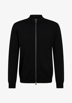 Schwarze Zip-Up-Strickjacke aus glattem Strickmaterial. Sie hat einen hohen Kragen, gerippte Bündchen und ein dezentes silbernes Reißverschlussdetail.