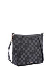 Černá kostkovaná látková crossbody taška s koženými akcenty, obsahující logo, nastavitelný popruh a jemný květinový vzor po celé ploše.