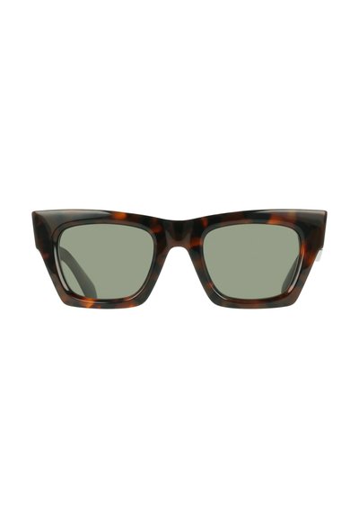 Rechthoekige zonnebril met schildpadmotief, dikke monturen en donkergroene glazen op een witte achtergrond.