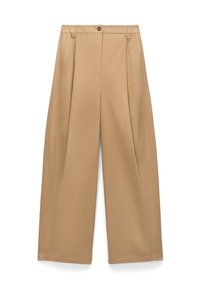 Beige wide-leg trousers with pleats, made from a lightweight fabric, featuring a button closure and side pockets. Smooth texture, tailored fit.