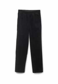 Pantalon en velours côtelé noir avec taille élastique, présentant de fines côtes verticales, deux poches avant et une coupe droite.