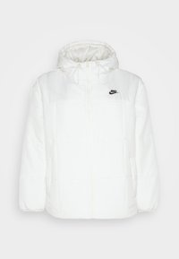 White puffer jacket with a hood, featuring a zip front closure, elastic cuffs, and a small black logo on the upper left side.