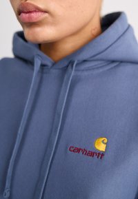 Hoodie bleu clair avec cordons de serrage ; présente des accents brodés jaunes et bordeaux du logo Carhartt. Texture de tissu douce.