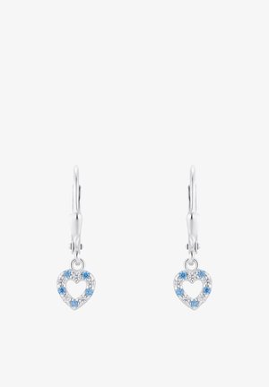 Boucles d'oreilles en argent en forme de cœur, ornées de pierres précieuses bleues et transparentes, avec un centre creux et une fermeture à ressort.