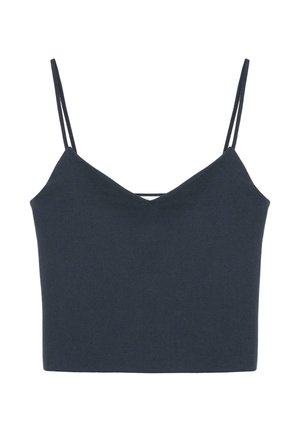 Haut court noir style camisole avec fines bretelles doubles et décolleté en V sur fond blanc.